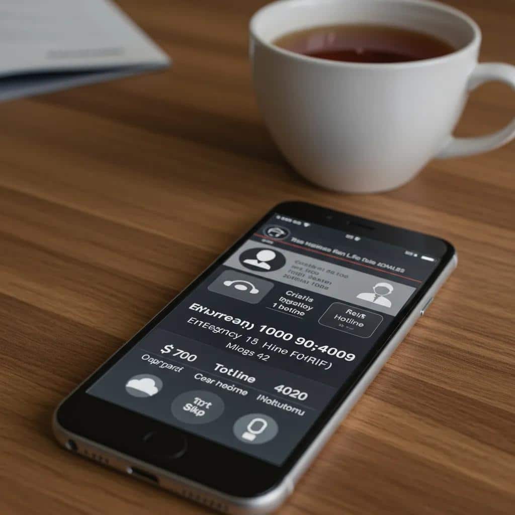 Smartphone with crisis hotline numbers and emergency contacts for virtual mental health support