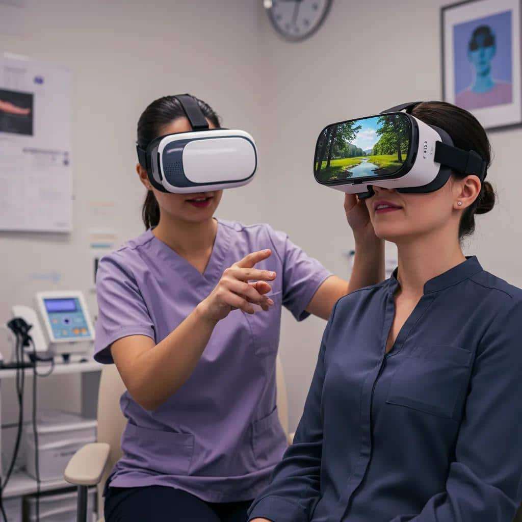 Therapist and patient engaging in virtual reality therapy session in a clinical setting