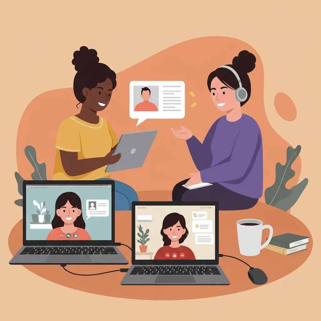 Virtual mental health support group session with diverse participants engaged in a video call