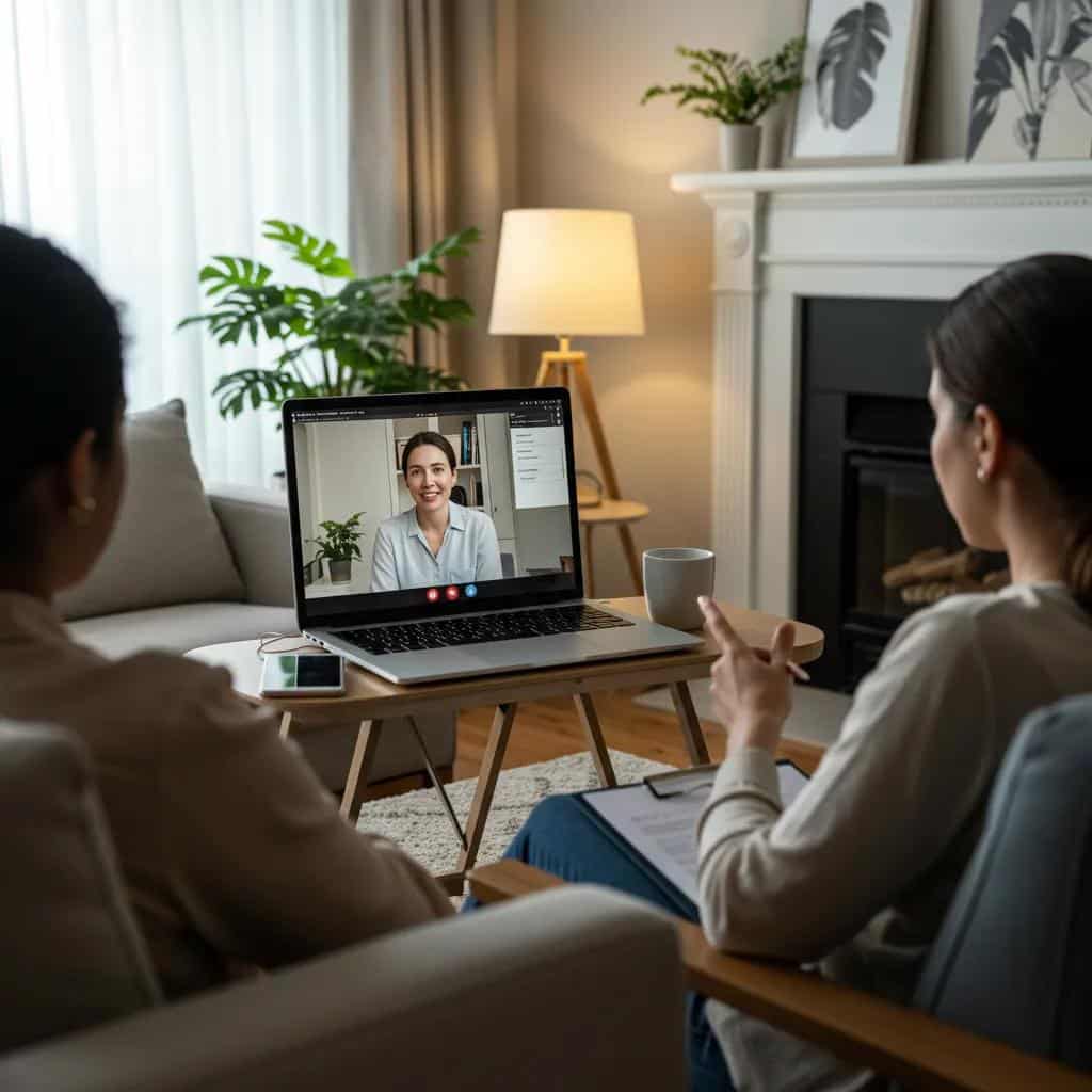 Virtual therapy session with diverse individuals engaged in a video call, highlighting accessibility and comfort