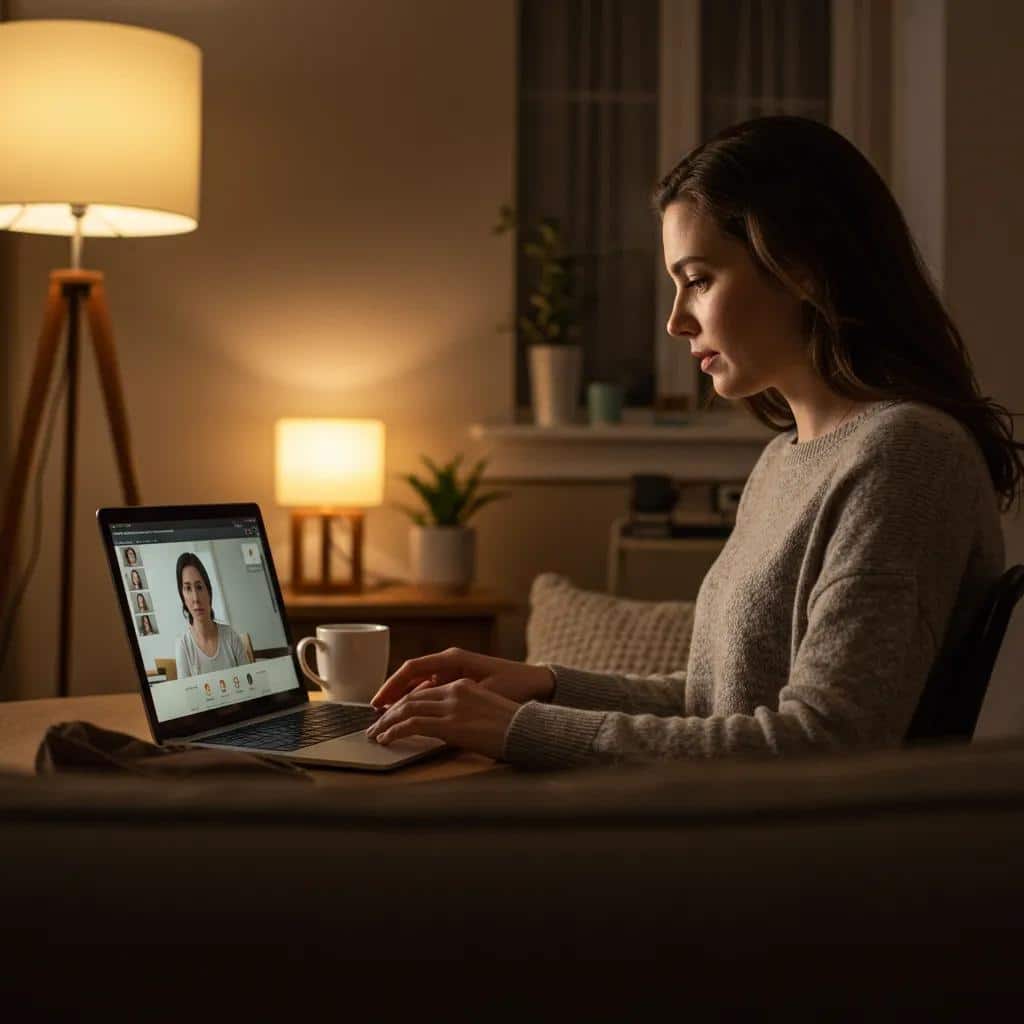 Woman participating in a virtual therapy session at home, emphasizing accessibility and comfort in mental health care