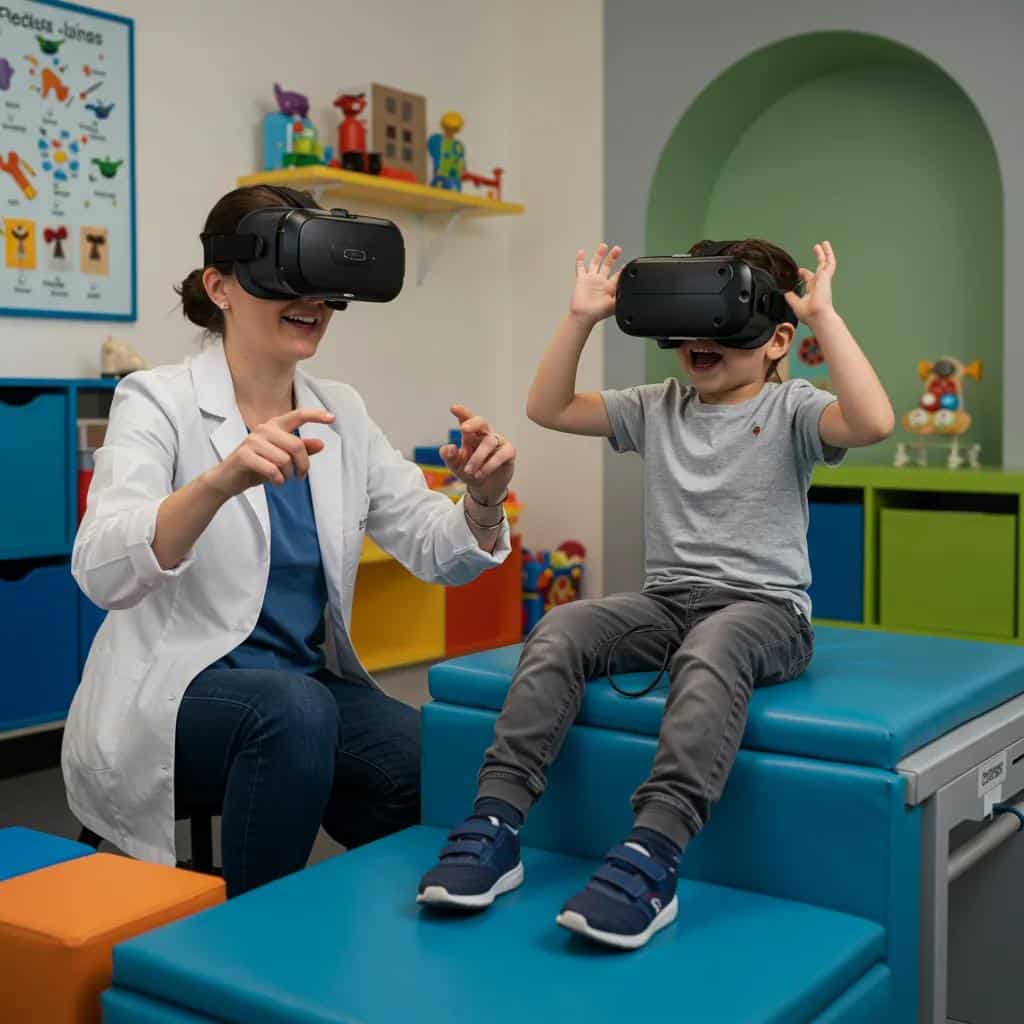 Child engaging in virtual reality therapy session with clinician, showcasing a safe and supportive environment for youth