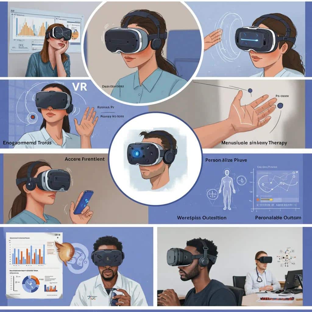 Collage of virtual reality therapy benefits, including patient engagement and personalized treatment