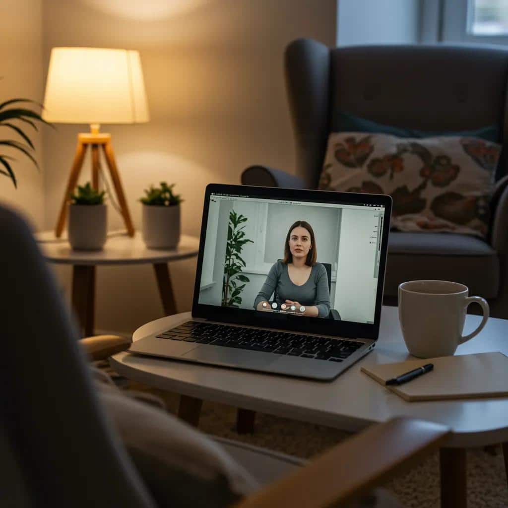 Cozy home office setup for virtual therapy session with laptop and inviting decor
