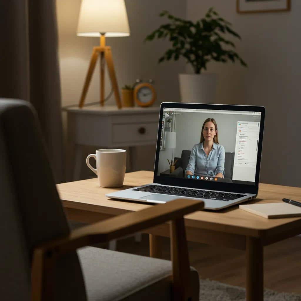 Cozy home office with a laptop open for virtual therapy, emphasizing accessibility in mental health care