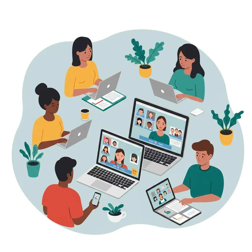 Diverse group participating in virtual mental health evaluations on different devices