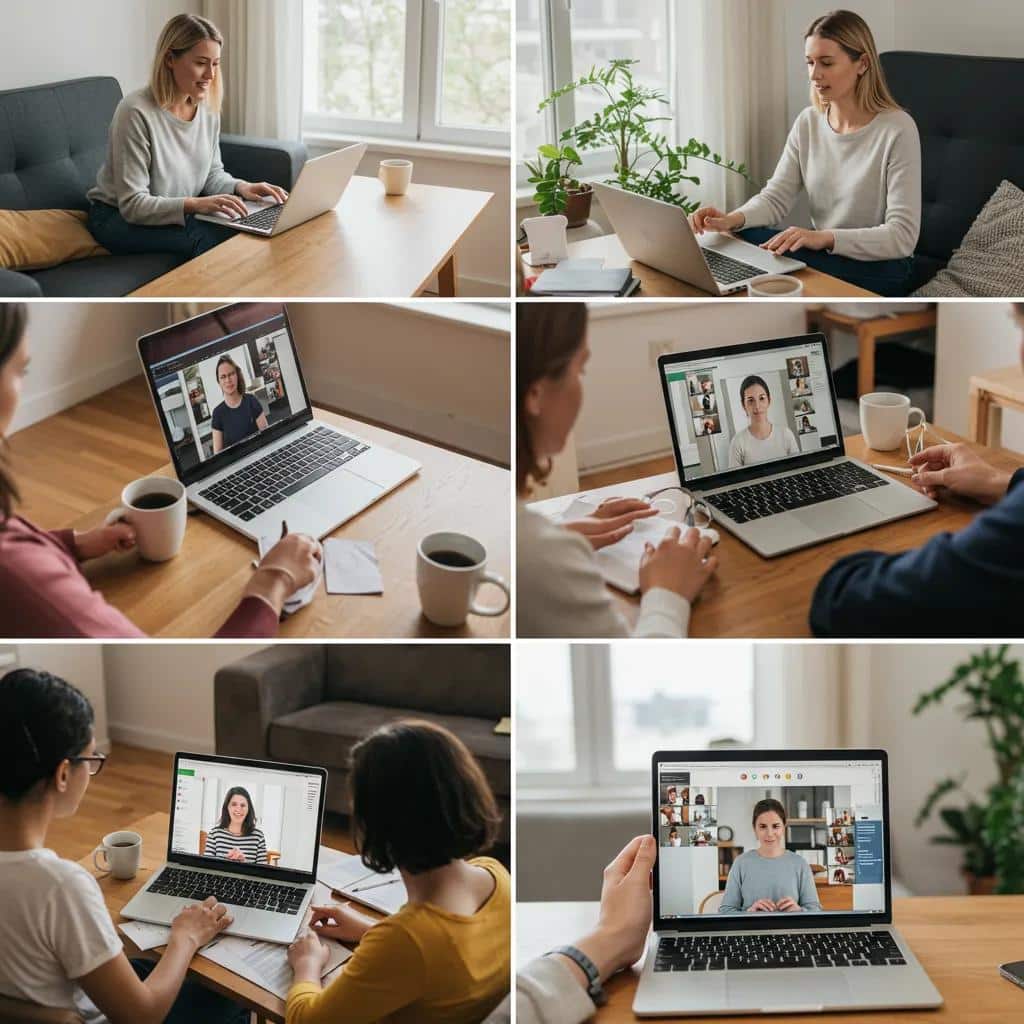 Diverse individuals participating in virtual therapy sessions from home, highlighting accessibility