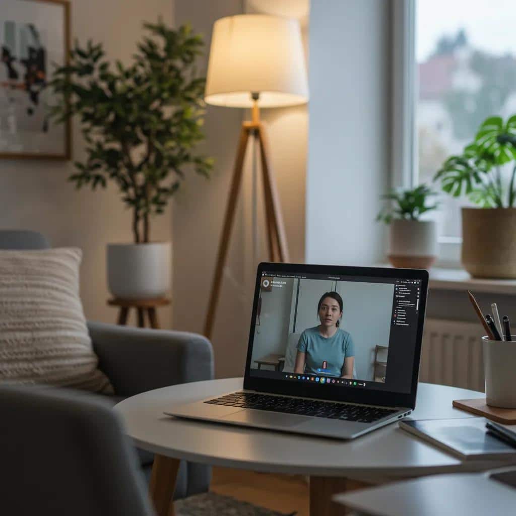 Home office setup for virtual mental health practice with a laptop and calming decor