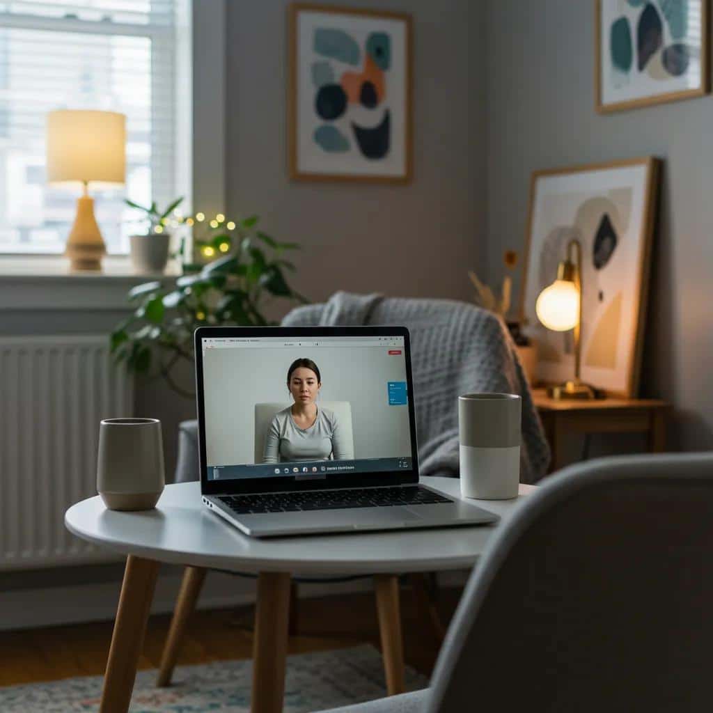 Home office setup for virtual mental health services with a laptop and calming decor