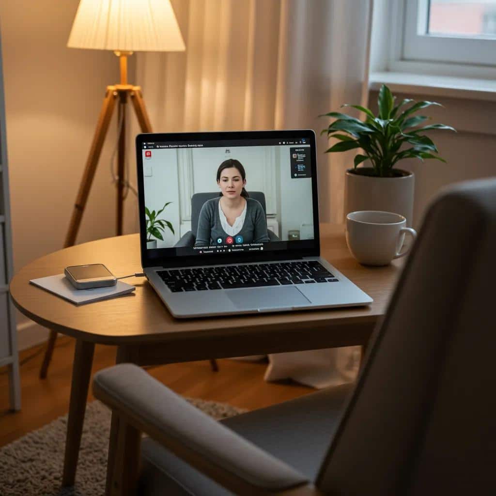 Home office setup for virtual mental health sessions with a laptop, cozy chair, and inviting decor