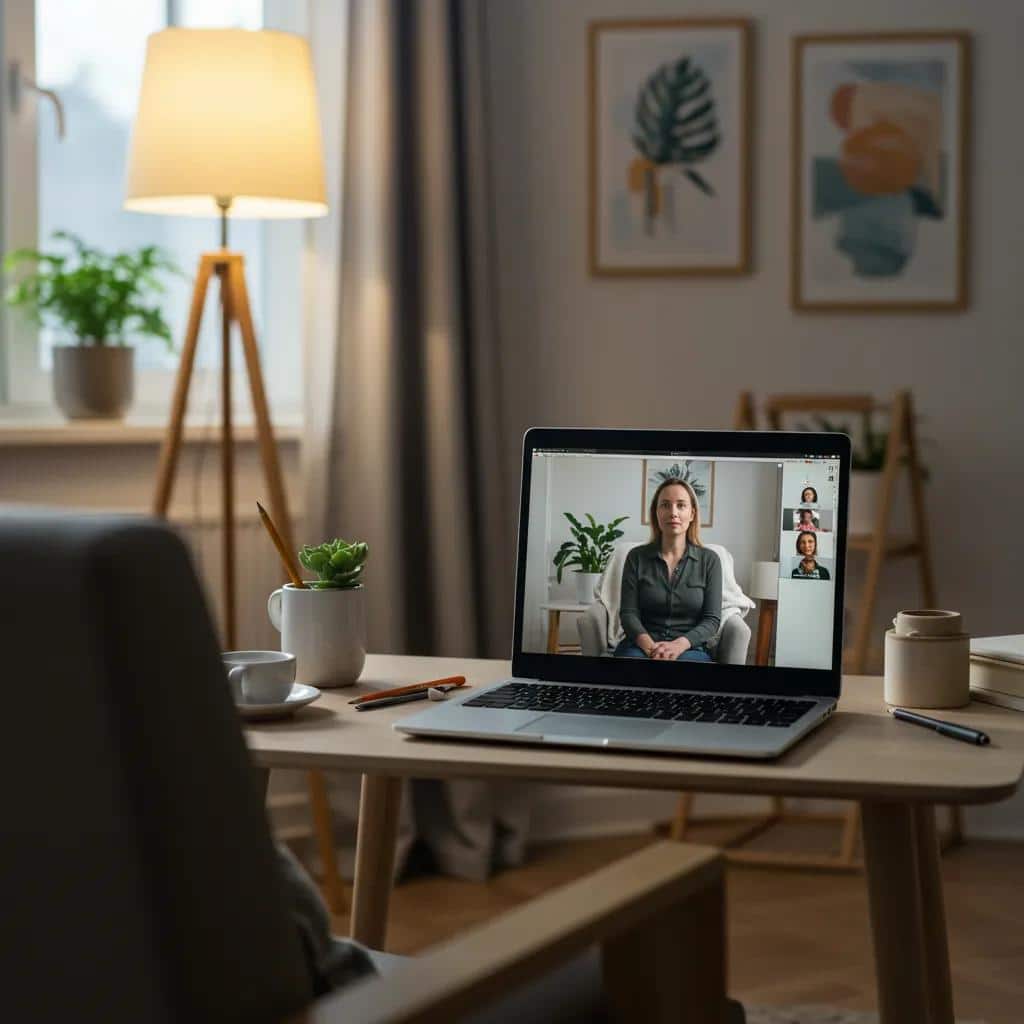 Home office setup for virtual therapy with a laptop and calming decor