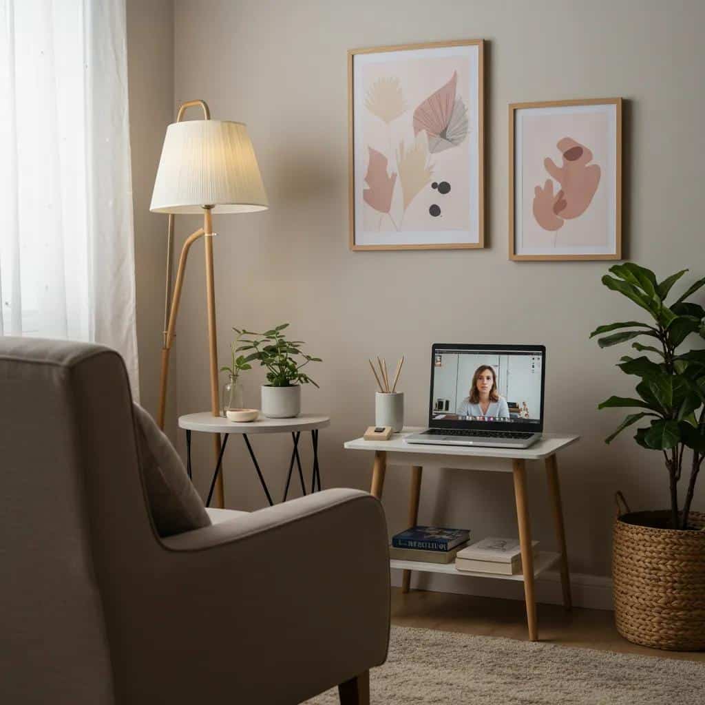 Home office setup for virtual therapy with a laptop, plants, and calming decor