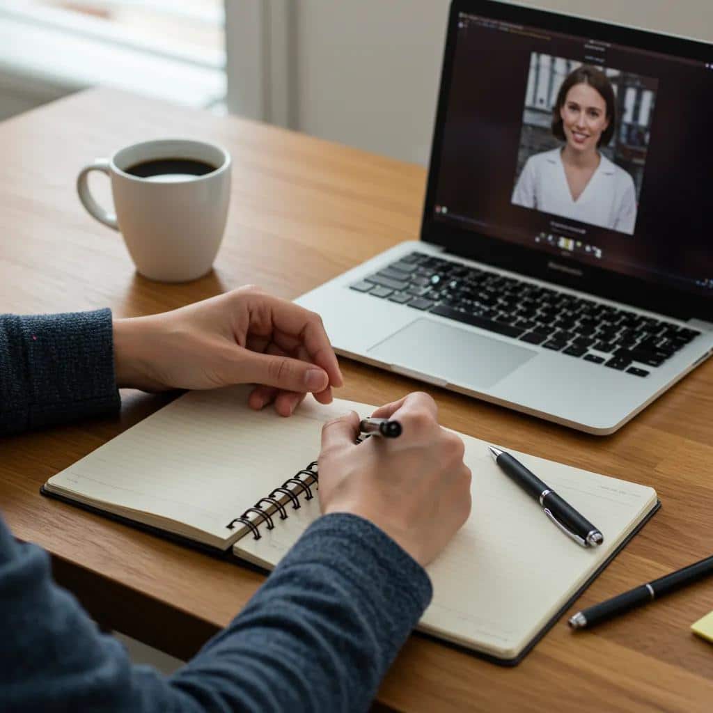 Individual preparing for virtual therapy session with notebook and laptop in a calm workspace