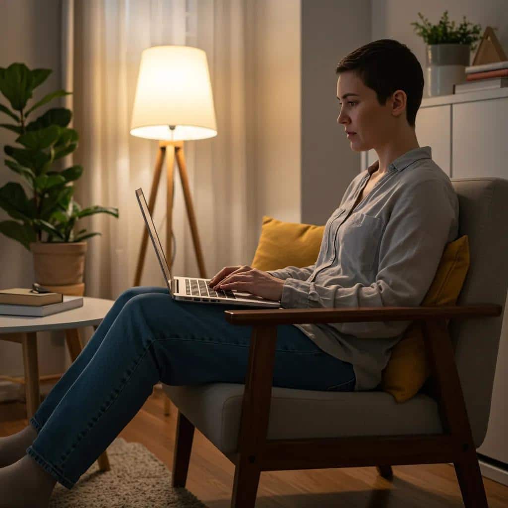 Person participating in a virtual therapy session at home, emphasizing comfort and accessibility in mental health treatment