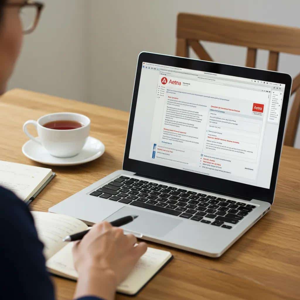 Person reviewing Aetna insurance information at a desk, illustrating the verification process for mental health services