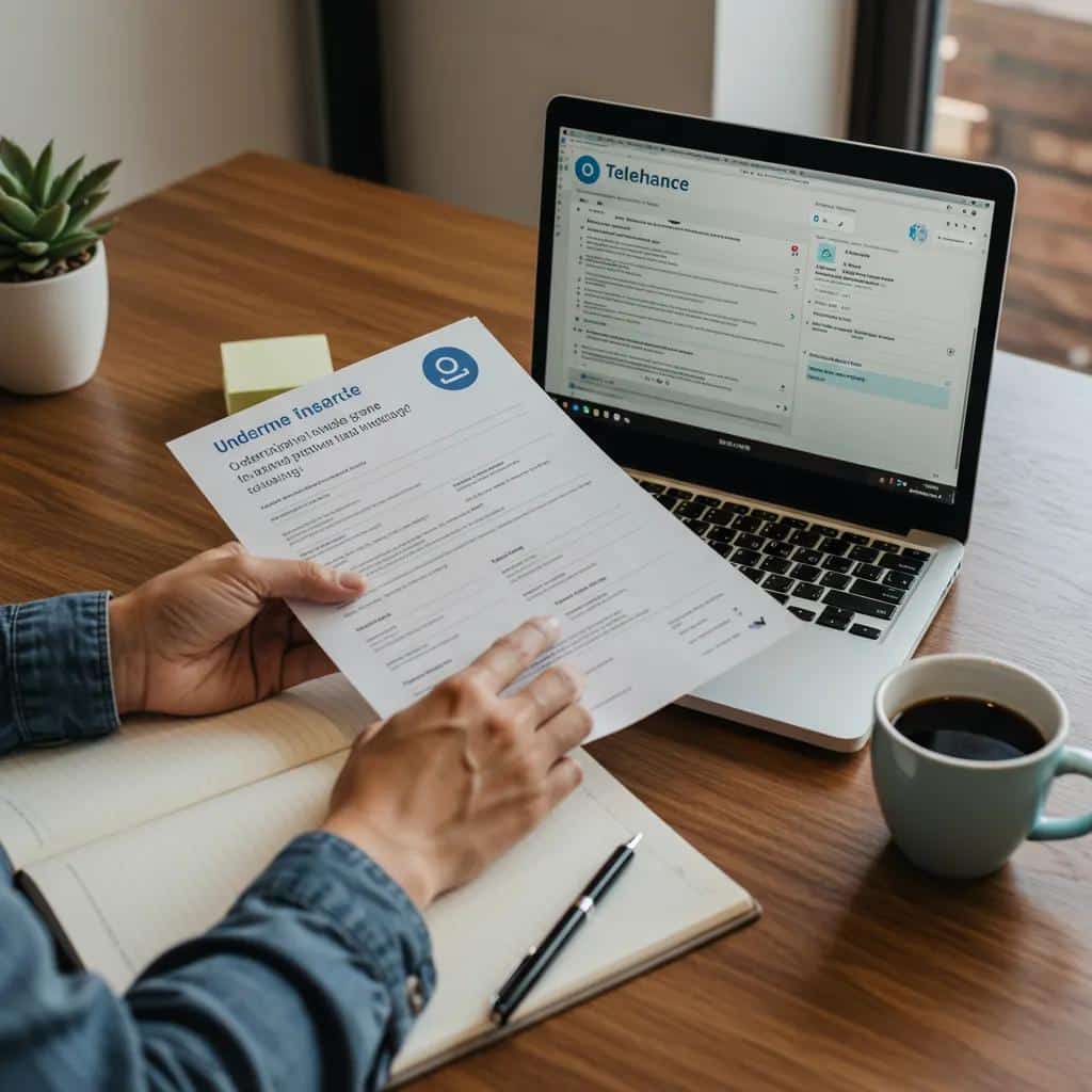 Person reviewing insurance documents for telehealth services at a desk