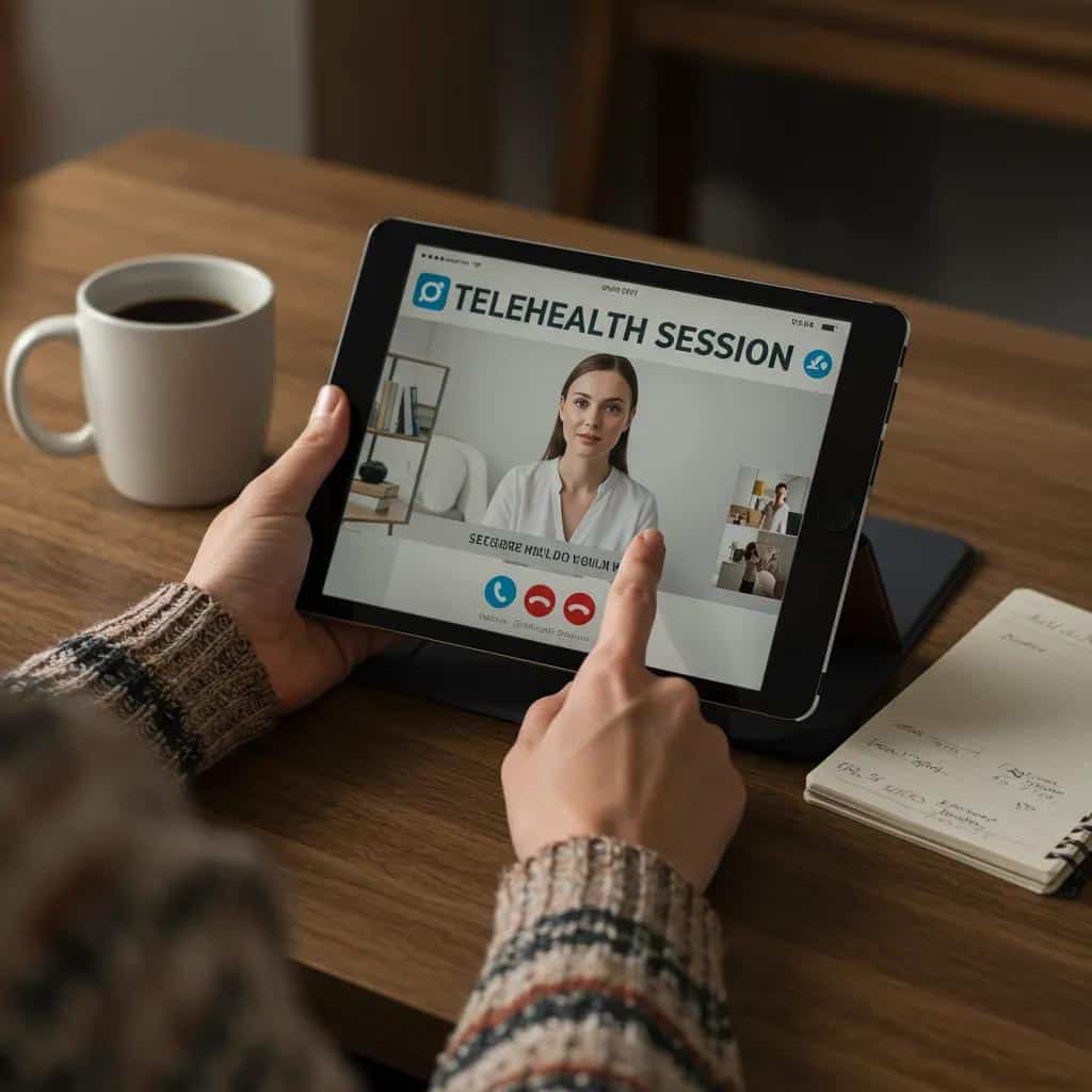 Person using a tablet for telehealth session in a cozy environment