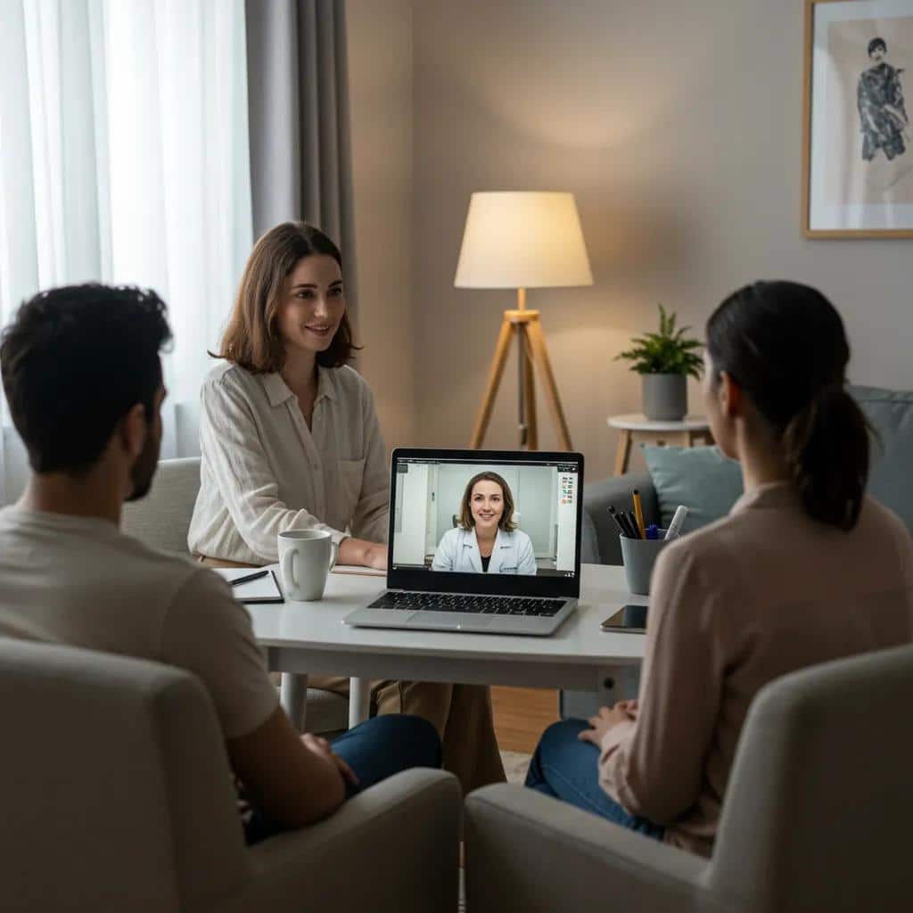 Telehealth consultation scene showcasing a diverse group engaged in virtual mental health services