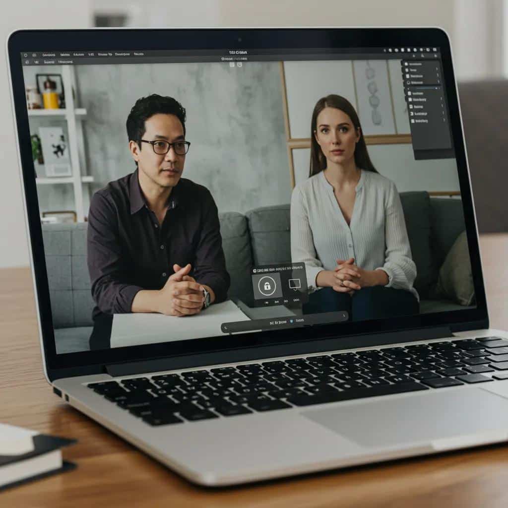 Therapist and patient engaged in a secure teleconferencing session