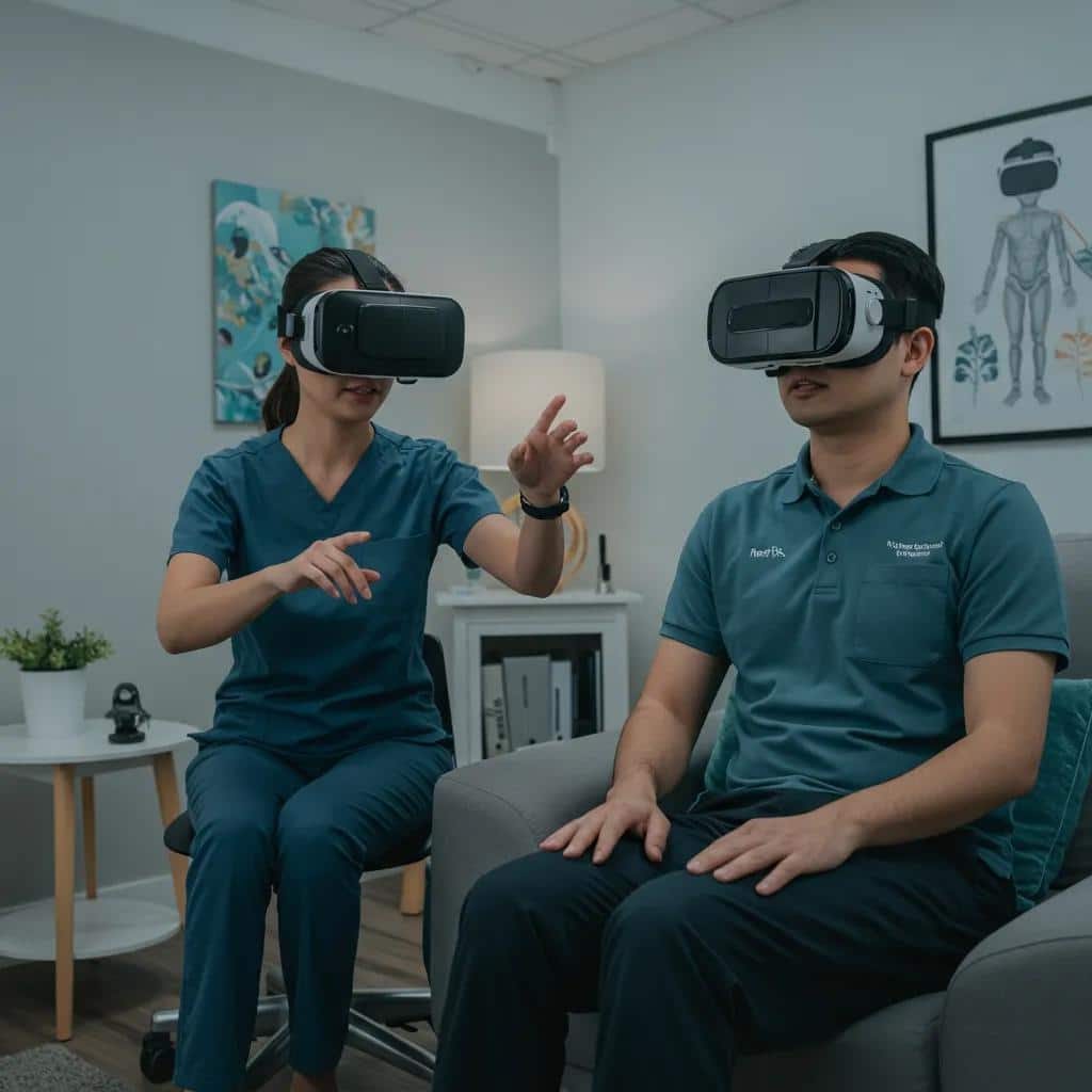 Therapist and patient engaging in virtual reality therapy session in a calming therapy room