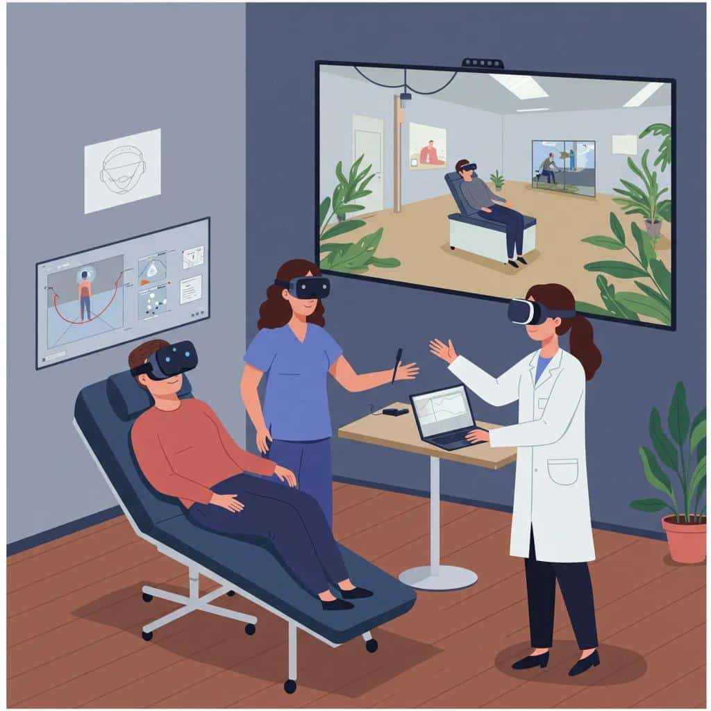 Therapist assisting patient with virtual reality therapy, highlighting psychological mechanisms in treatment
