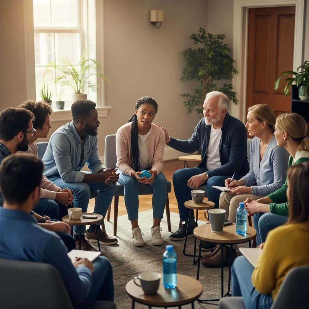 Diverse individuals participating in a community support group for mental health