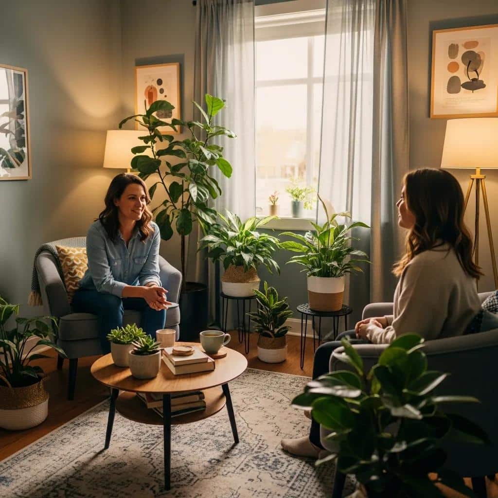 Mental health professional providing support in a welcoming office environment