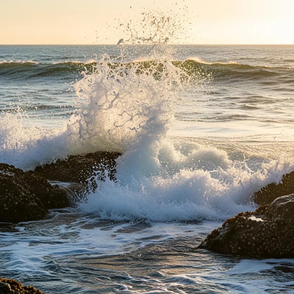 Ocean waves crashing on rocks, illustrating the calming effects of negative ions in ocean air on mood and stress