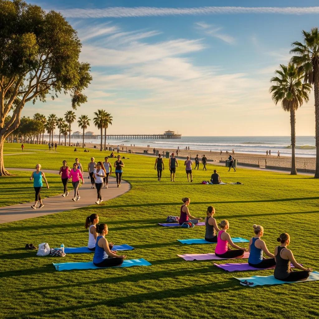 Park near Huntington Beach with people engaging in outdoor activities, supporting mental wellness through coastal features