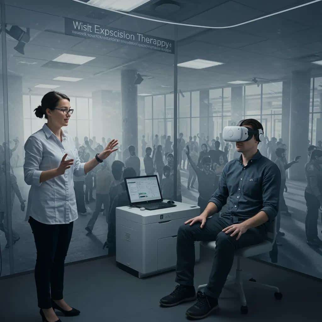 Patient undergoing virtual reality exposure therapy for anxiety, with a therapist providing guidance in a controlled environment.