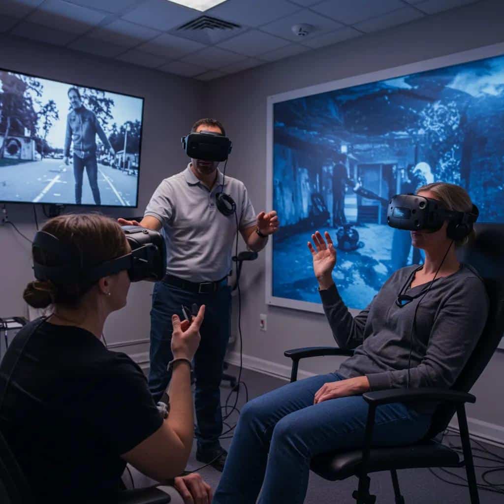 Therapist and patient engaged in virtual reality therapy for PTSD recovery, highlighting effective VR techniques in a supportive setting.