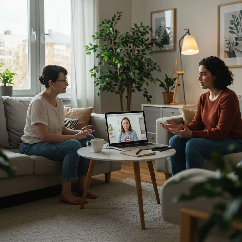 Virtual therapy session with diverse individuals engaged in mental health treatment