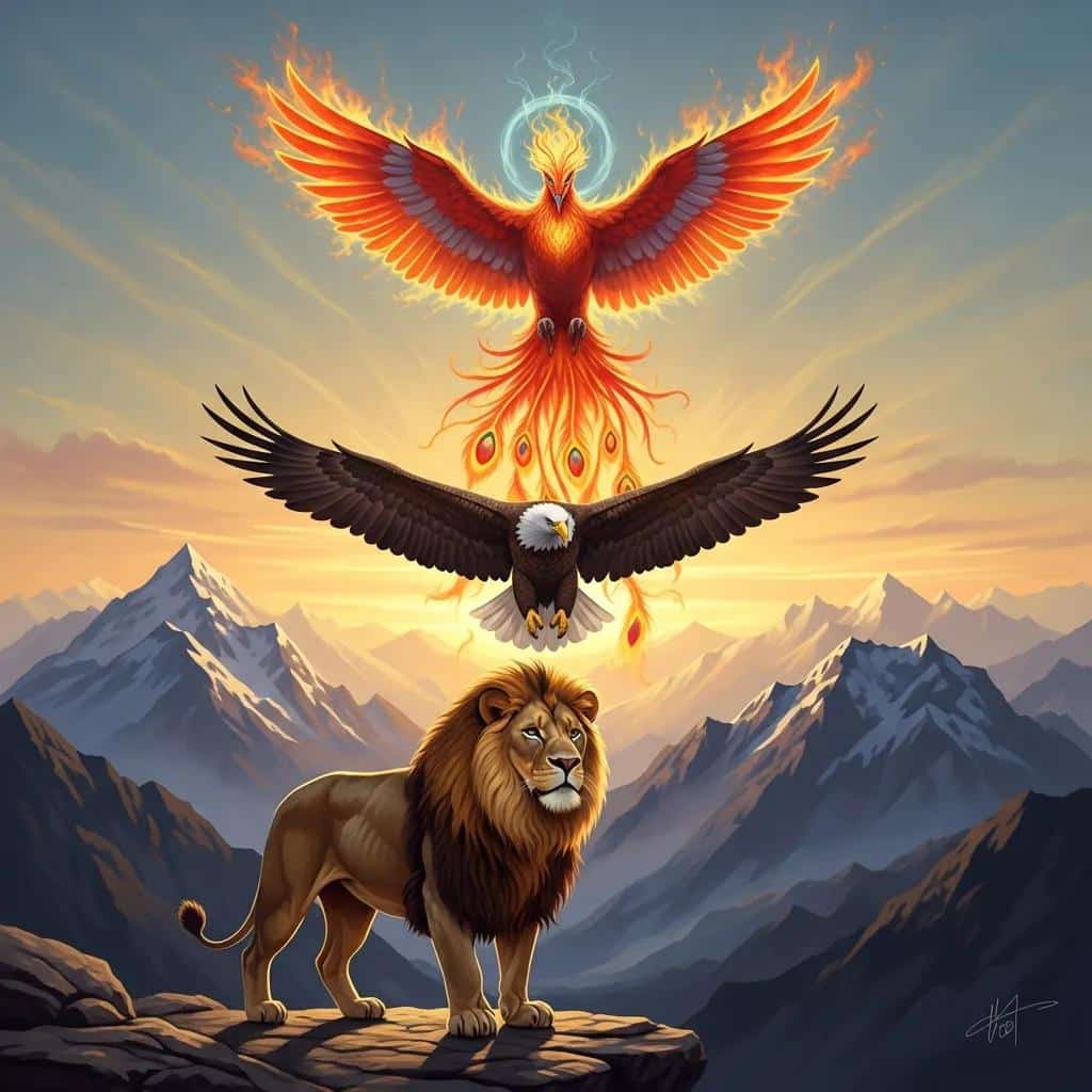 Artistic depiction of cultural symbols representing confidence: lion, eagle, and phoenix