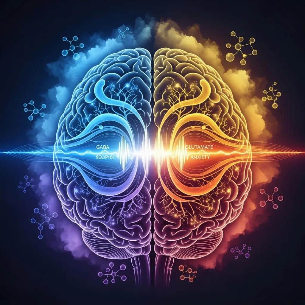 Artistic representation of brain chemistry with neurotransmitters, illustrating mood stabilizers' effects on anxiety