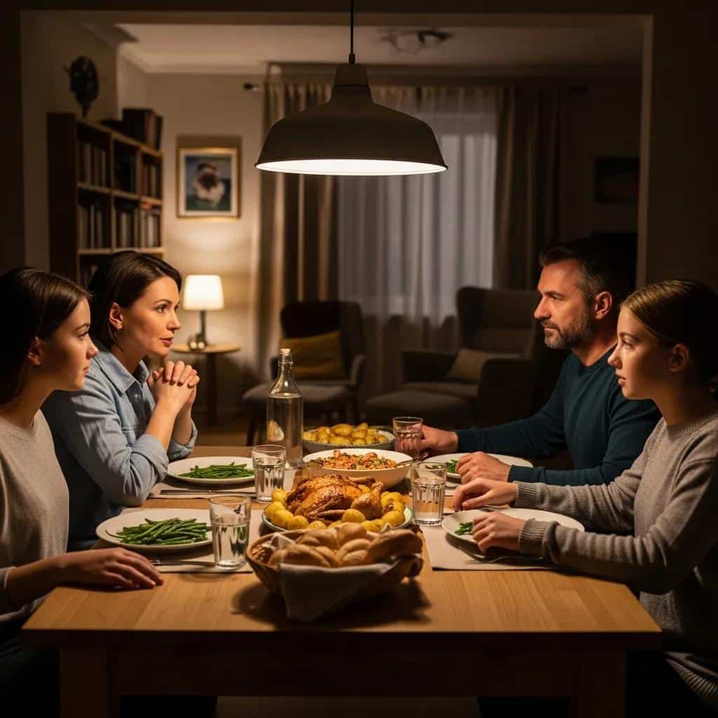 Family discussion at a dining table, highlighting the importance of setting healthy boundaries in mental health support