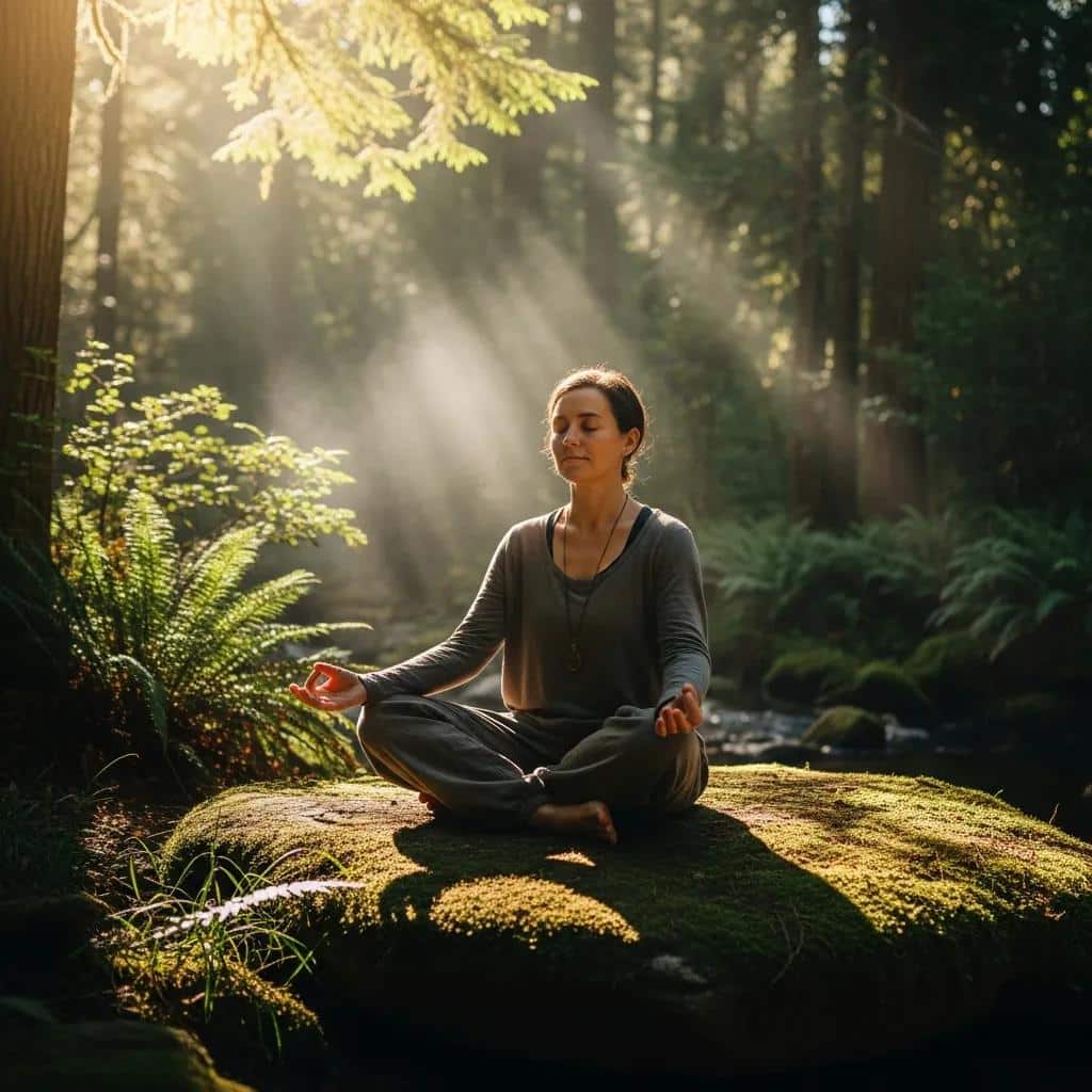 Individual practicing mindfulness meditation in a tranquil natural setting, symbolizing confidence-building