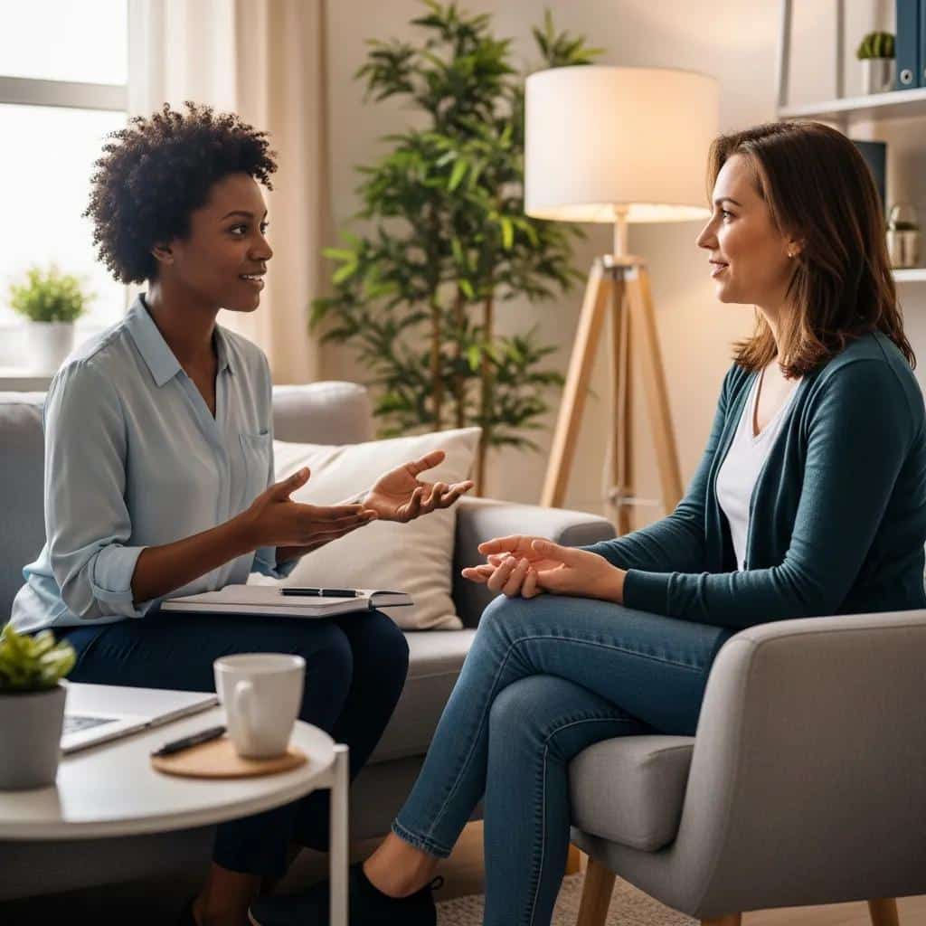 Mental health professional supporting a patient in a cozy therapy setting, emphasizing personalized anxiety treatment