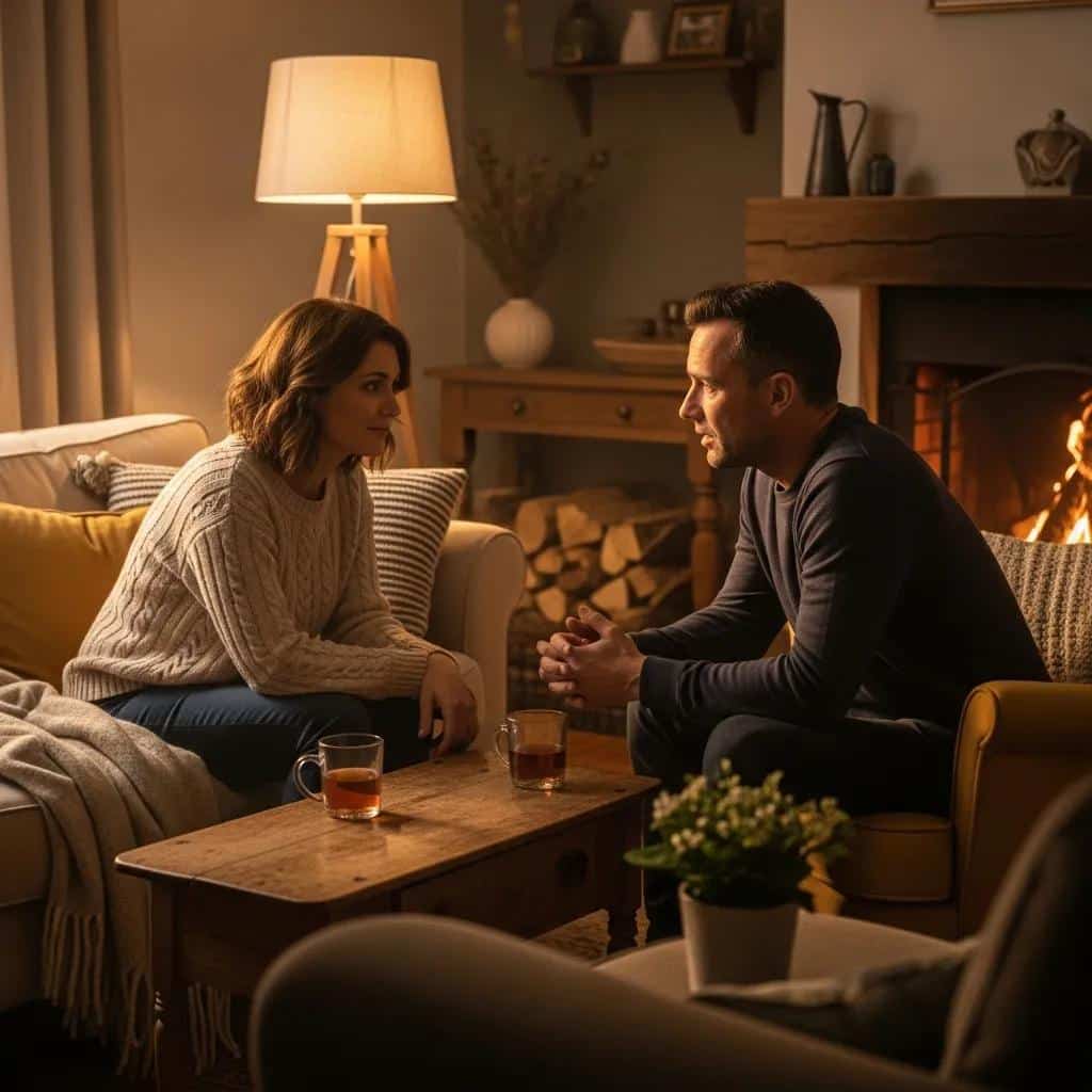 Supportive conversation in a cozy living room, emphasizing mental health support and connection