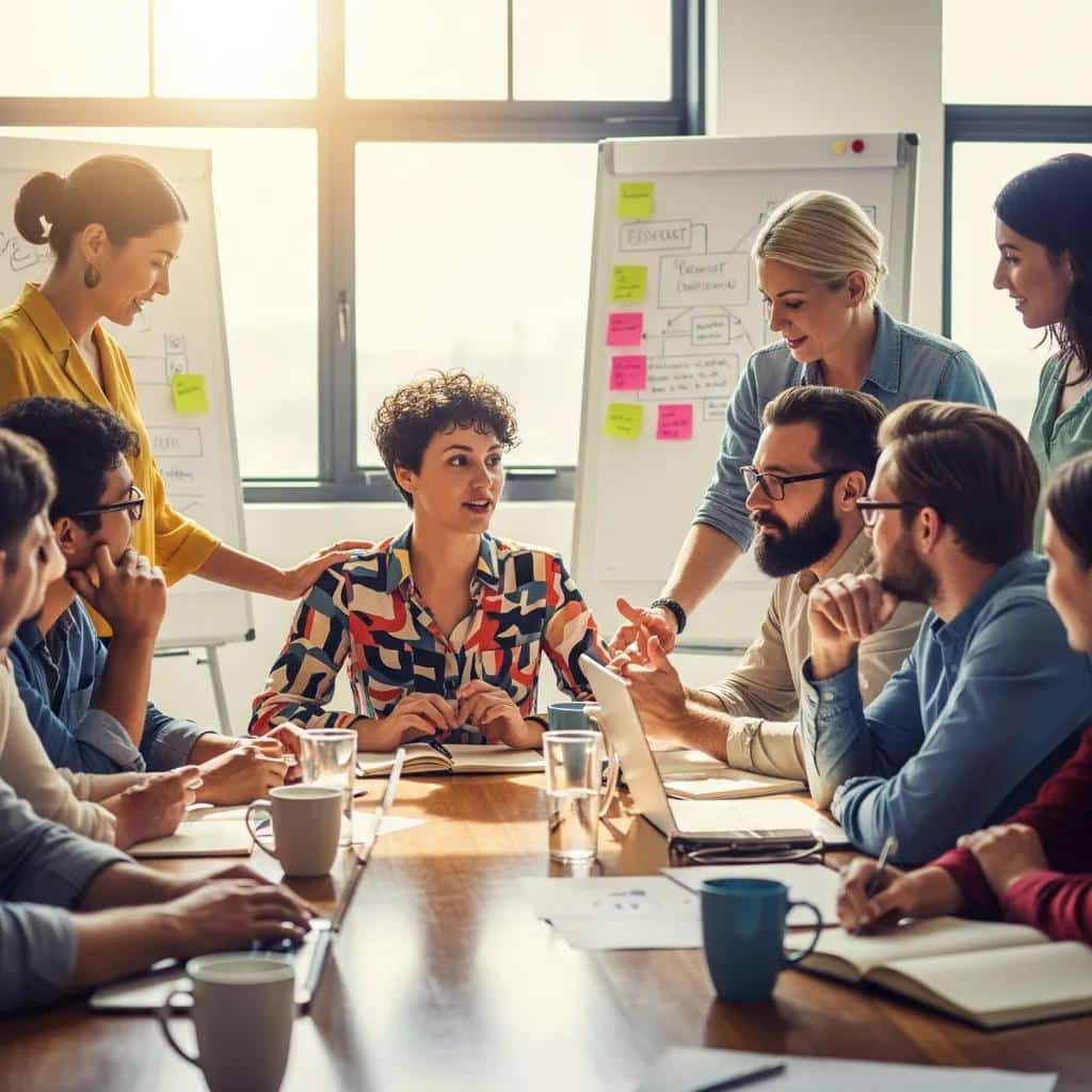 Supportive workplace scene with diverse employees discussing mental health awareness and support for bipolar disorder