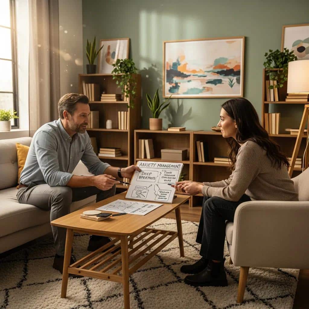 Therapist and client discussing cognitive behavioral therapy strategies for anxiety