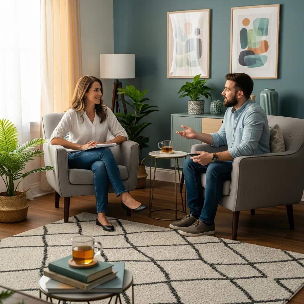 Therapy session image showing a therapist and client engaged in a supportive conversation about managing bipolar disorder