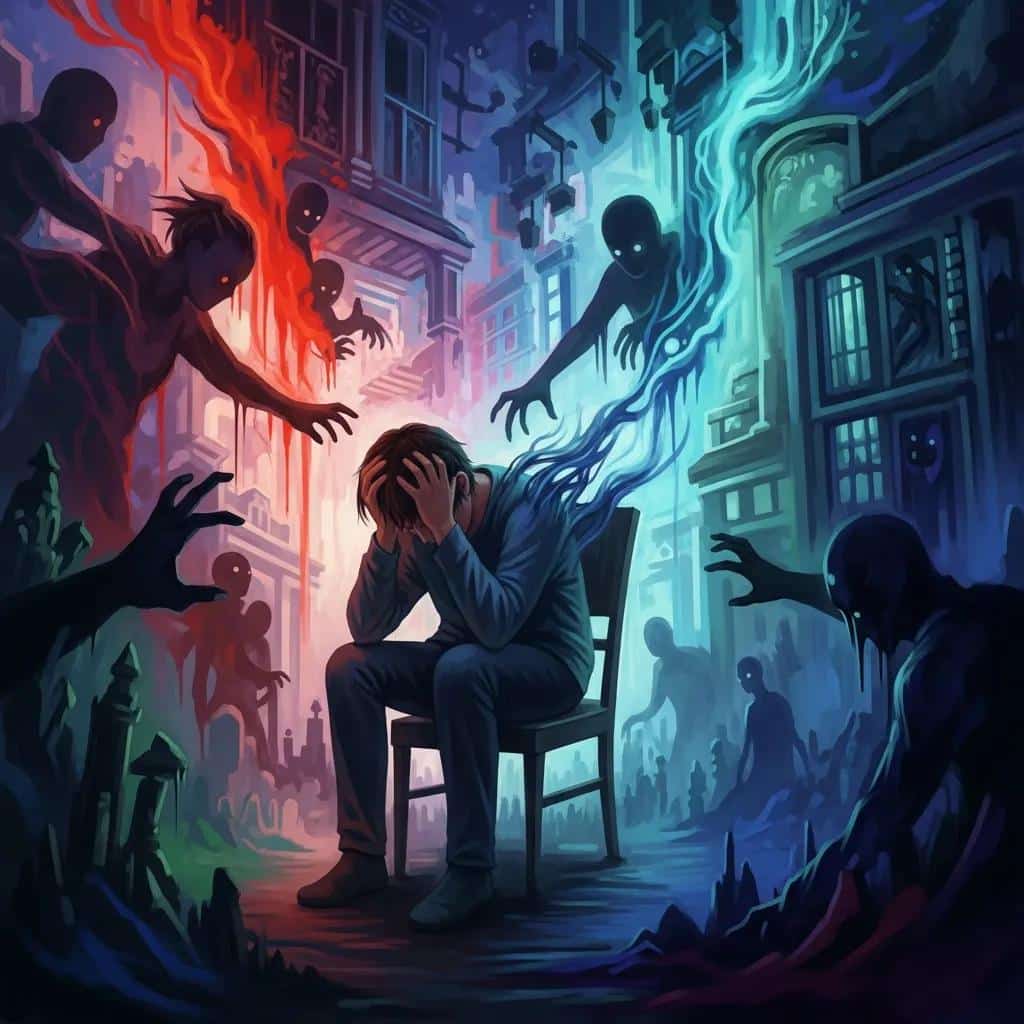 Artistic depiction of a person experiencing hallucinations and delusions