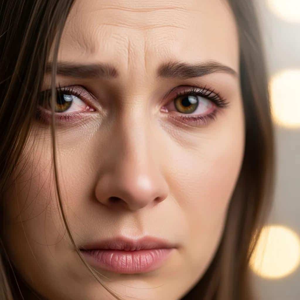 Close-up of a woman's face showing emotions of sadness and anxiety related to PMDD