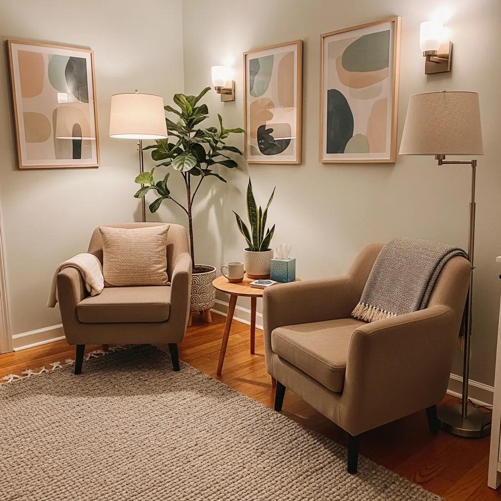 Comfortable therapy room designed for mental health support with calming decor