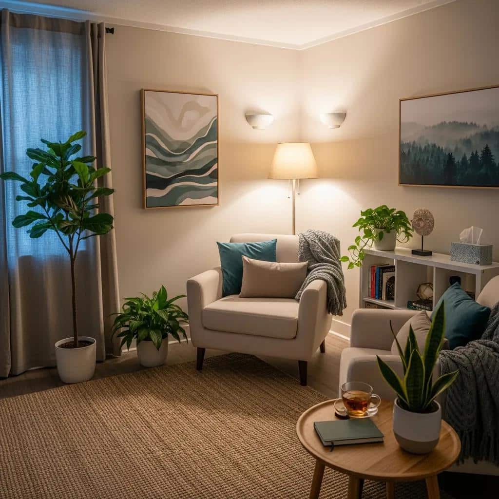 Comfortable therapy room with calming decor and inviting atmosphere for mental health support