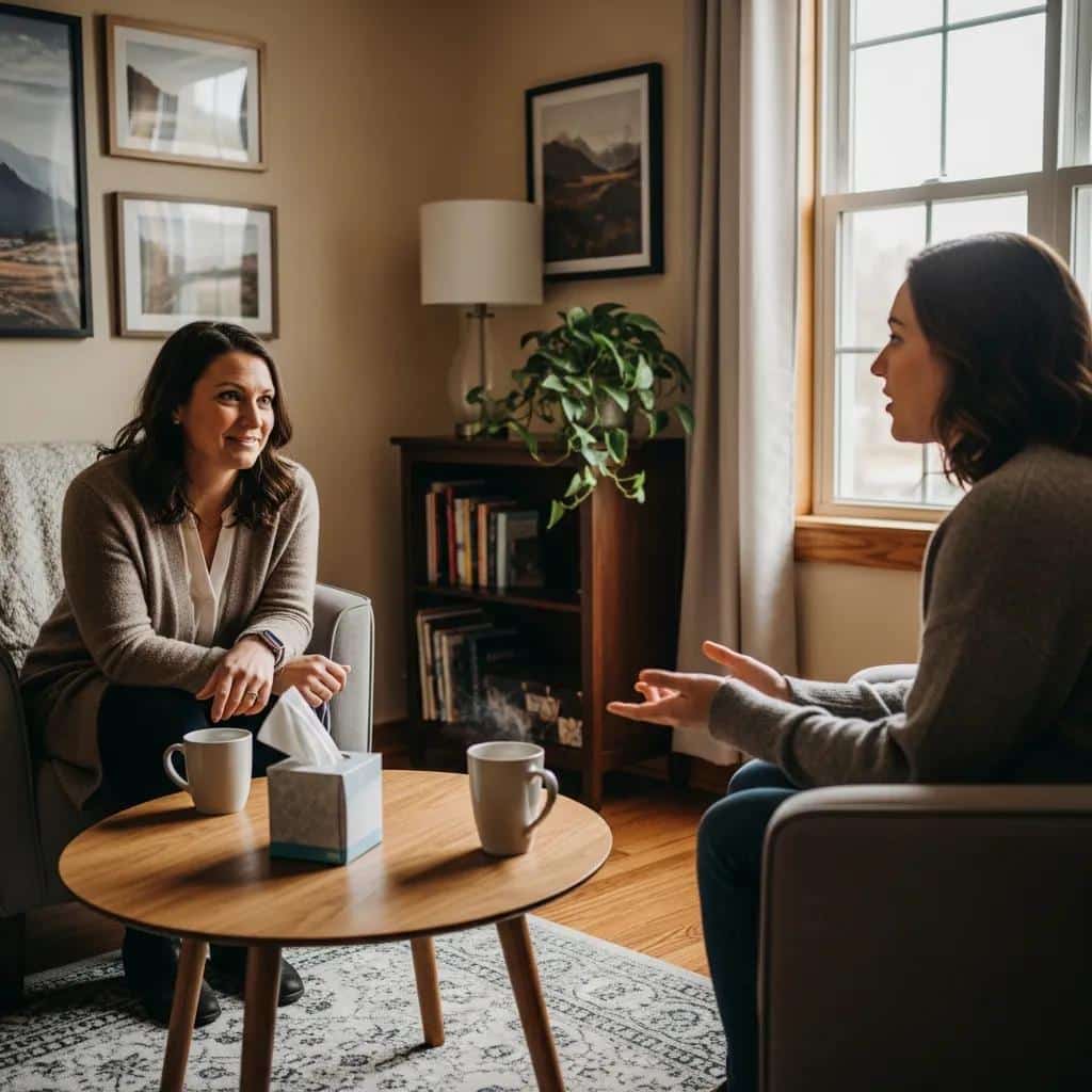 Counselor using motivational interviewing techniques with a client in a supportive setting