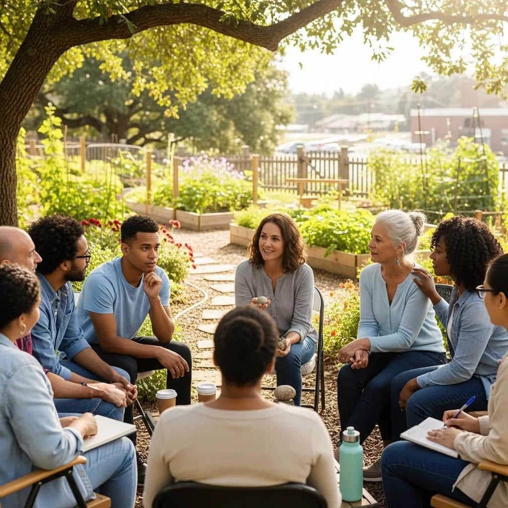 Diverse group discussing mental health in a supportive community setting