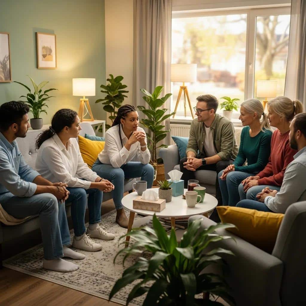 Diverse group discussing mental health in a supportive environment