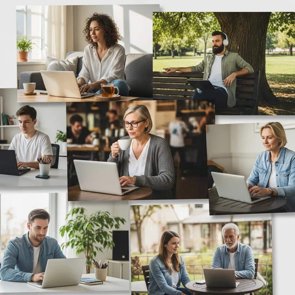 Diverse individuals participating in teletherapy sessions from different locations