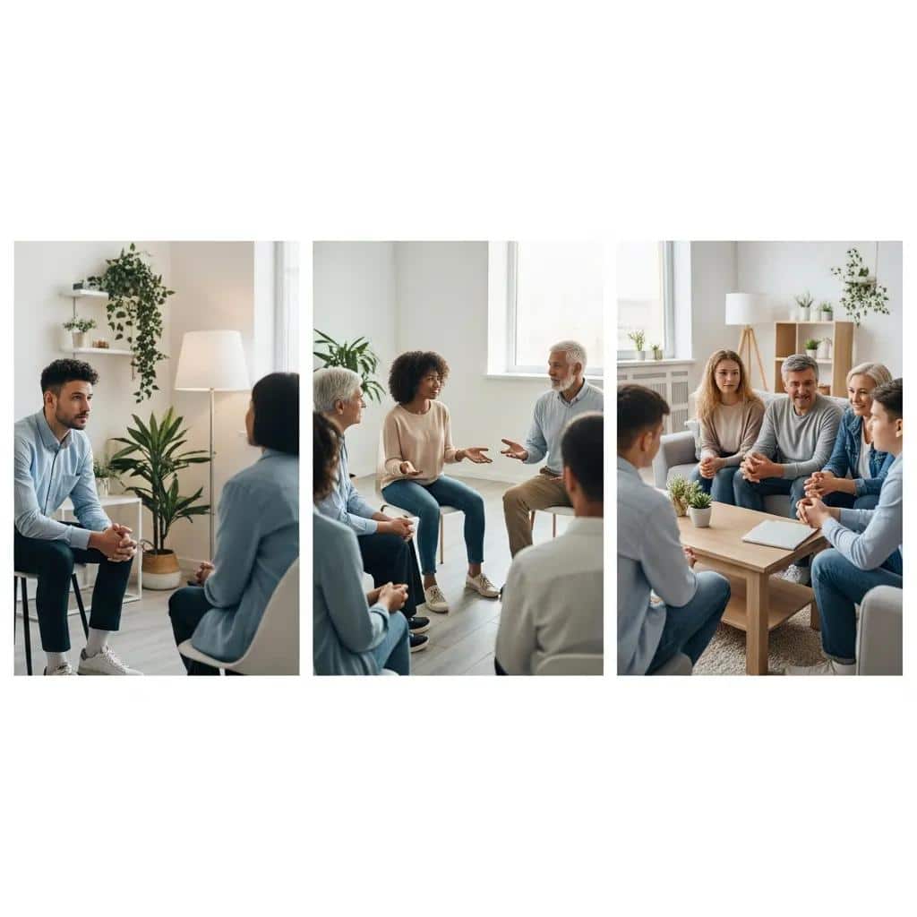 Diverse individuals participating in various mental health therapy sessions, showcasing Aetna's coverage options